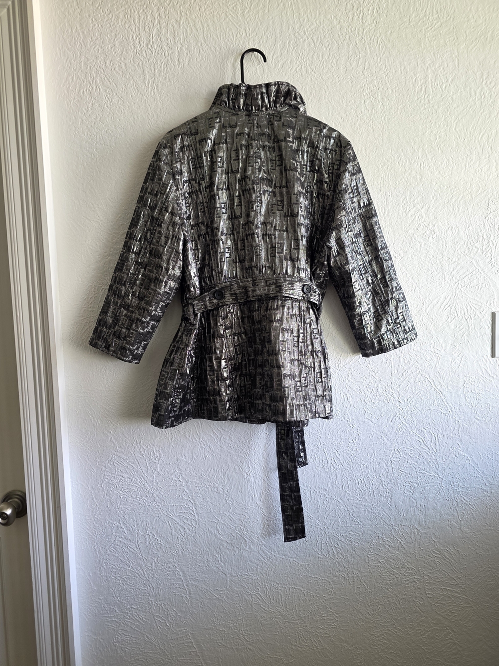 Ruby Rd. Black and Silver Metallic Ruffled Trench Coat - Picture 6 of 11